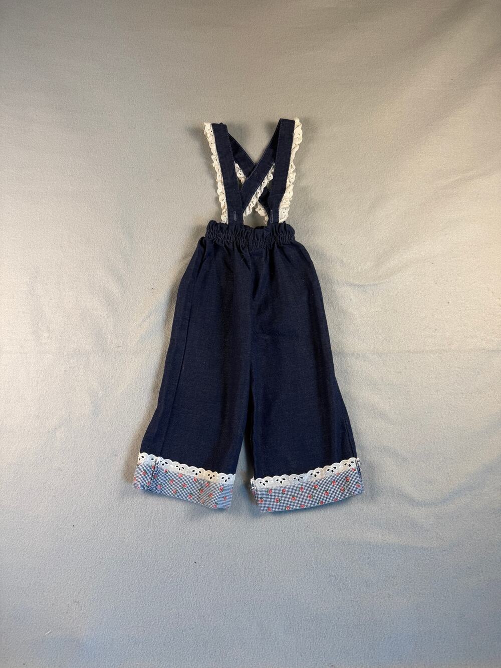 Vintage Denim Overalls Girls 12M Blue Floral Lace Trim Cuff USA Made Outerwear